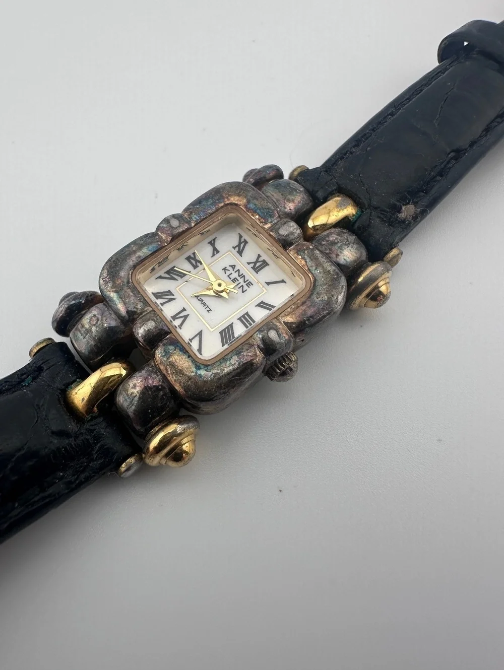 Vintage Anne Klein 29mm Two Tone Quartz Watch Black Leather Band